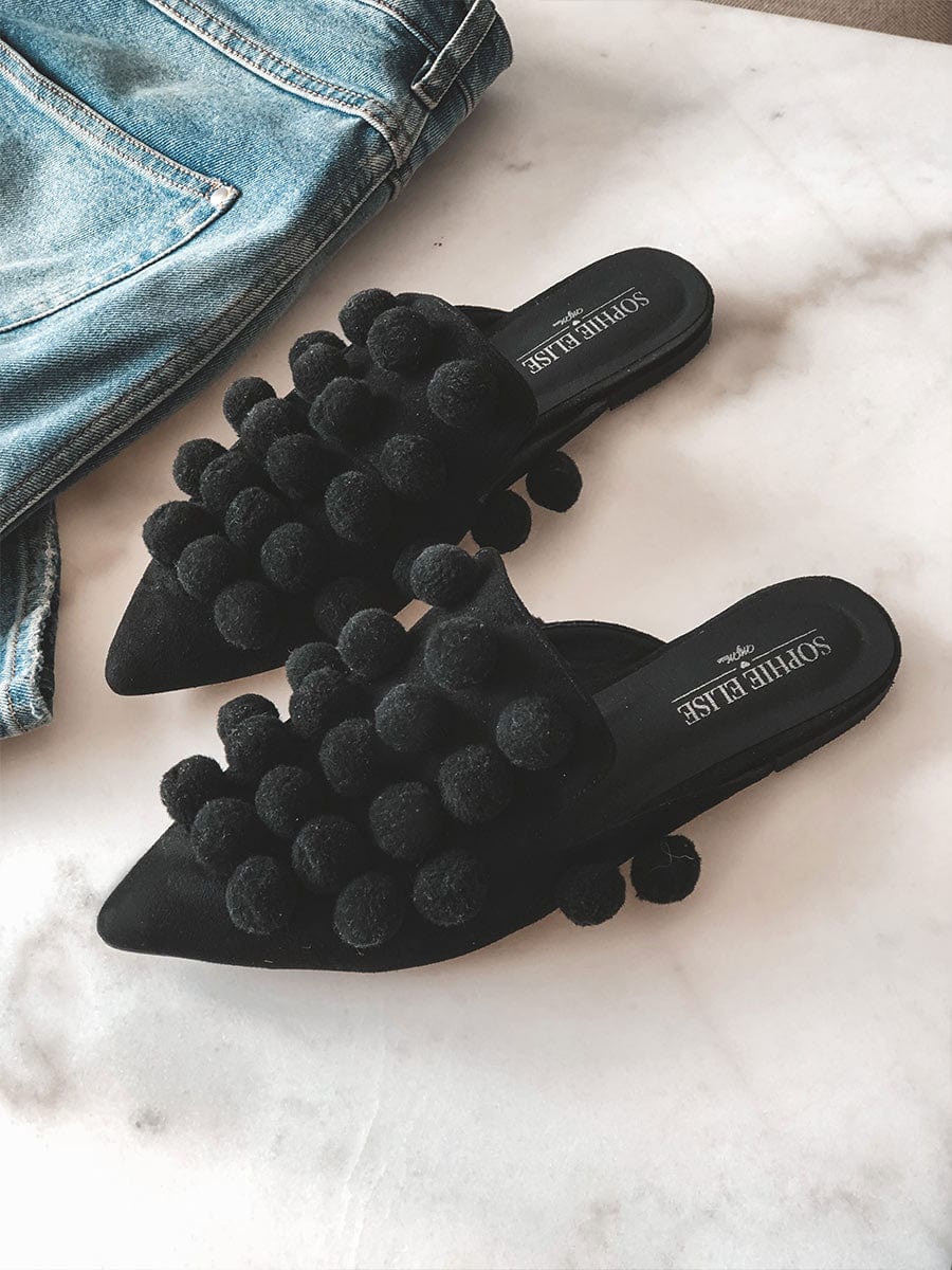 Black Sophie PomPom Sandals